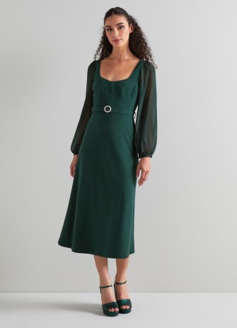 L.K. BENNETT Perdy Green Crepe Sheer Sleeve Dress ~ chic understated party dresses ~ sweetheart neckline occasion fashion - flipped