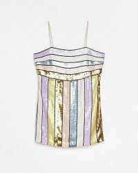 RIVER ISLAND PETITE GOLD SEQUIN STRIPED BODYCON MINI DRESS / sequinned spaghetti strap evening dresses / skinny shoulder straps / shimmering going out evening fashion