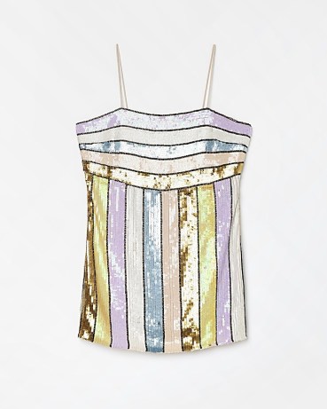 RIVER ISLAND PETITE GOLD SEQUIN STRIPED BODYCON MINI DRESS / sequinned spaghetti strap evening dresses / skinny shoulder straps / shimmering going out evening fashion - flipped