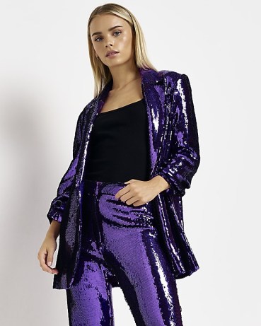 RIVER ISLAND PETITE PURPLE SEQUIN OVERSIZED BLAZER / women’s glittering evening blazers / womens sequinned going out jackets / party fashion