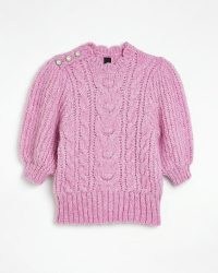 River Island PINK CABLE KNIT JUMPER | romance inspired knitwear | feminine scalloped neck jumpers | pretty short puff sleeve sweaters | button shoulder detail sweater
