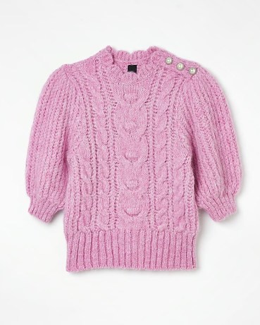 River Island PINK CABLE KNIT JUMPER | romance inspired knitwear | feminine scalloped neck jumpers | pretty short puff sleeve sweaters | button shoulder detail sweater - flipped