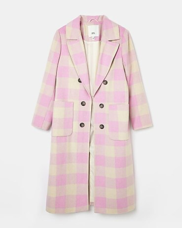 RIVER ISLAND PINK CHECK DOUBLE BREASTED LONGLINE COAT / women’s long length checked winter coats - flipped