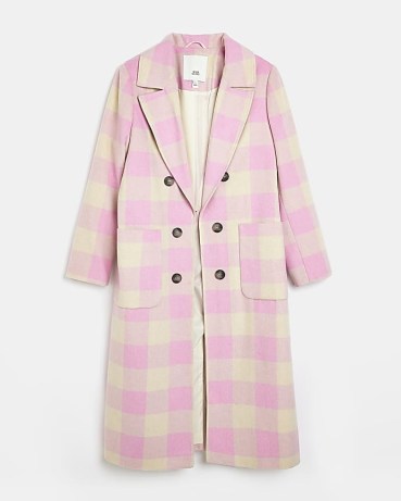 RIVER ISLAND PINK CHECK DOUBLE BREASTED LONGLINE COAT / women’s long length checked winter coats