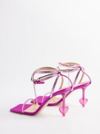 MACH & MACH Heart 95 crystal-embellished satin sandals in pink | glamorous party heels with hearts | MATCHESFASHION | strappy ankle wrap evening shoes with square toes