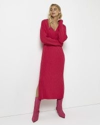 RIVER ISLAND PINK KNIT JUMPER MIDI DRESS ~ long sleeve V-neck sweater dresses ~ on-trend knitted fashion