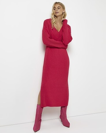 RIVER ISLAND PINK KNIT JUMPER MIDI DRESS ~ long sleeve V-neck sweater dresses ~ on-trend knitted fashion