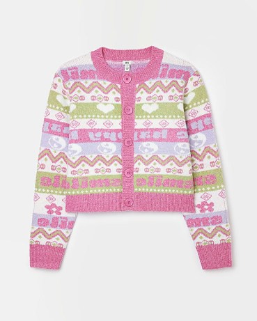 River Island PINK PRINT KNIT CARDIGAN | women’s pretty printed crop hem cardigans | cropped knits | round neck | button up - flipped