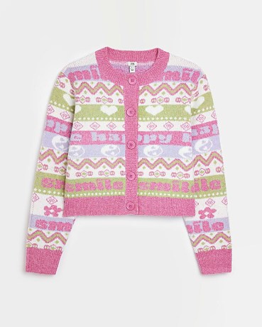 River Island PINK PRINT KNIT CARDIGAN | women’s pretty printed crop hem cardigans | cropped knits | round neck | button up