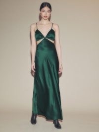 Reformation Poppies Silk Dress in Forest ~ green silky spaghetti strap dresses ~ strappy cut out fashion ~ open back detail evening clothes ~ skinny shoulder straps