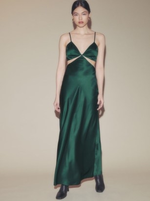 Reformation Poppies Silk Dress in Forest ~ green silky spaghetti strap dresses ~ strappy cut out fashion ~ open back detail evening clothes ~ skinny shoulder straps - flipped