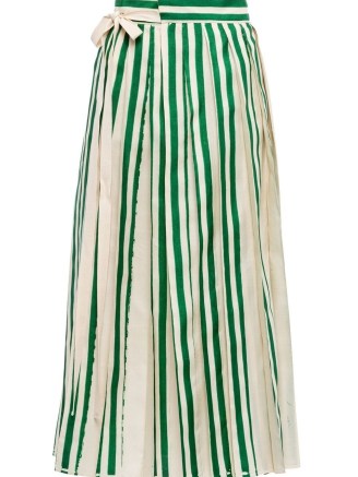 Prada striped flared silk skirt in forest green/off-white ~ womens stripe print side tie skirts ~ farfetch ~ women’s designer fashion - flipped