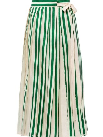 Prada striped flared silk skirt in forest green/off-white ~ womens stripe print side tie skirts ~ farfetch ~ women’s designer fashion
