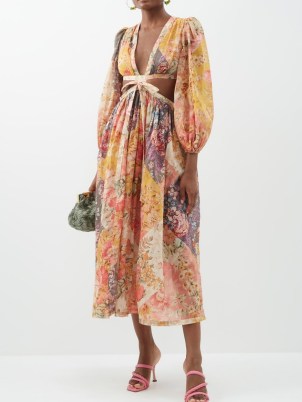 ZIMMERMANN Pattie cutout floral-print cotton dress | multicoloured plunge front mixed print dresses | feminine cut out fashion with plunging neckline | MATCHESFASHION