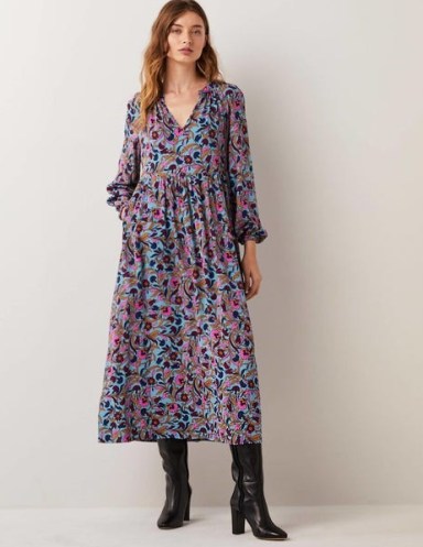 Boden Printed Notch Neck Maxi Dress Mid Blue, Enchanting Vine – floral long sleeve relaxed print midi dresses – boho inspired clothes - flipped