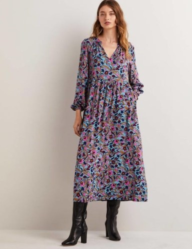 Boden Printed Notch Neck Maxi Dress Mid Blue, Enchanting Vine – floral long sleeve relaxed print midi dresses – boho inspired clothes