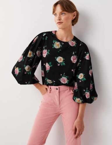 Boden Puff Sleeve Cotton Top Black, Painterly Rose / floral print blouson sleeved tops - flipped