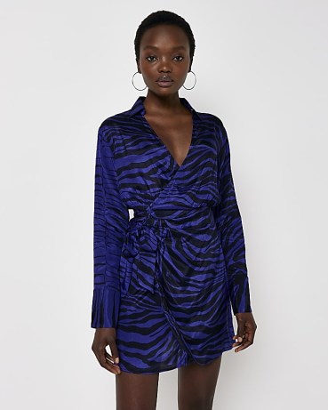 RIVER ISLAND PURPLE ANIMAL PRINT WRAP MINI DRESS ~ striped long sleeved side tie going out dresses - flipped