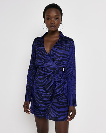 RIVER ISLAND PURPLE ANIMAL PRINT WRAP MINI DRESS ~ striped long sleeved side tie going out dresses