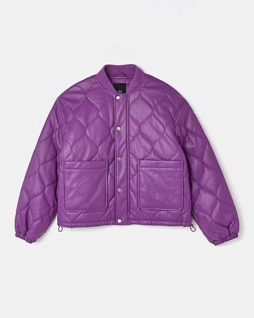 RIVER ISLAND PURPLE FAUX LEATHER QUILTED BOMBER JACKET ~ women’s casual winter jackets - flipped