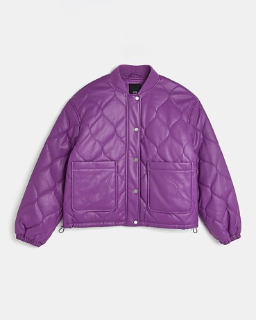RIVER ISLAND PURPLE FAUX LEATHER QUILTED BOMBER JACKET ~ women’s casual winter jackets