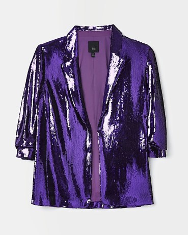 RIVER ISLAND PURPLE SEQUIN OVERSIZED BLAZER ~ sparkly blazers ~ sequinned evening jackets ~ womens glittering party fashion ~ 3/4 length sleeves - flipped
