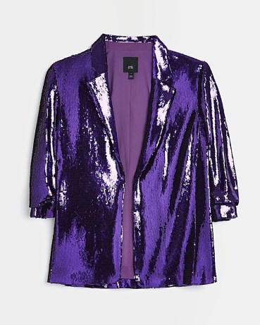 RIVER ISLAND PURPLE SEQUIN OVERSIZED BLAZER ~ sparkly blazers ~ sequinned evening jackets ~ womens glittering party fashion ~ 3/4 length sleeves