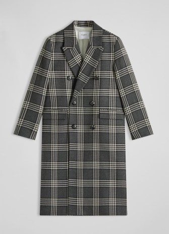 L.K. BENNETT Quentin Grey and Cream Check Wool Double-Breasted Coat – women’s Prince of Wales checked winter coats - flipped