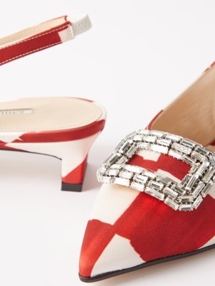 EMILIA WICKSTEAD Margarita crystal-buckle slingback pumps in red and white ~ checked kitten heel slingbacks ~ matchesfashion