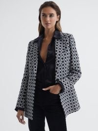 REISS BIANCA SINGLE BREASTED JACQUARD BLAZER BLACK/WHITE ~ chic black and white textured blazers ~ women’s monochrome patterned jackets
