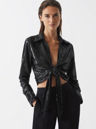 Reiss HANNAH TIE FRONT SEQUIN TOP BLACK ~ sequinned tie waist evening tops ~ glittering cropped occasion shirts ~ women’s glamorous luxe style party clothes - flipped