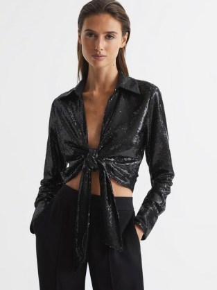 Reiss HANNAH TIE FRONT SEQUIN TOP BLACK ~ sequinned tie waist evening tops ~ glittering cropped occasion shirts ~ women’s glamorous luxe style party clothes
