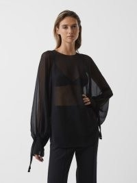 REISS LIV BLOUSON SLEEVE SHEER BLOUSE BLACK – floaty balloon sleeve evening tops – tie cuff detail occasion blouses – glamorous see-through fashion