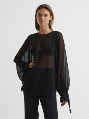 REISS LIV BLOUSON SLEEVE SHEER BLOUSE BLACK – floaty balloon sleeve evening tops – tie cuff detail occasion blouses – glamorous see-through fashion - flipped