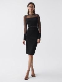 REISS LYLA KNITTED SHEER SLEEVE MIDI DRESS BLACK ~ sophisticated LBD ~ understated occasion glamour ~ chic evening event dresses