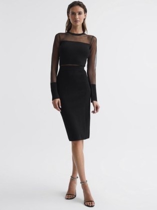 REISS LYLA KNITTED SHEER SLEEVE MIDI DRESS BLACK ~ sophisticated LBD ~ understated occasion glamour ~ chic evening event dresses - flipped