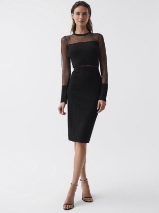 REISS LYLA KNITTED SHEER SLEEVE MIDI DRESS BLACK ~ sophisticated LBD ~ understated occasion glamour ~ chic evening event dresses