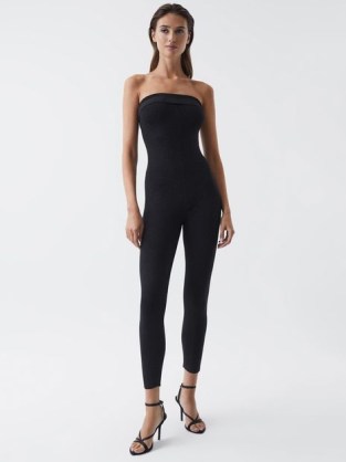 REISS PIPPA BANDEAU JUMPSUIT BLACK ~ glamorous strapless fitted form jumpsuits ~ party glamour ~ metallic fibre evening fashion - flipped