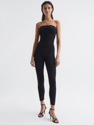 REISS PIPPA BANDEAU JUMPSUIT BLACK ~ glamorous strapless fitted form jumpsuits ~ party glamour ~ metallic fibre evening fashion