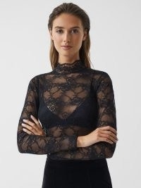 REISS SHANNON LACE HIGH NECK TOP BLACK ~ sheer long sleeved floral tops
