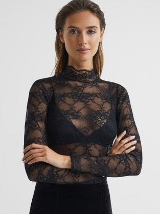 REISS SHANNON LACE HIGH NECK TOP BLACK ~ sheer long sleeved floral tops - flipped