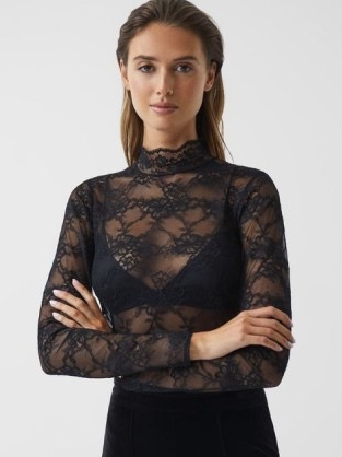 REISS SHANNON LACE HIGH NECK TOP BLACK ~ sheer long sleeved floral tops