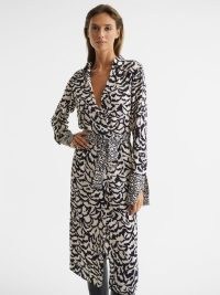 REISS EVIE MONO ANIMAL PRINT MIDI DRESS – chic collared tie waist shirt dresses – extended split cuffs – clothes with a look of glamour