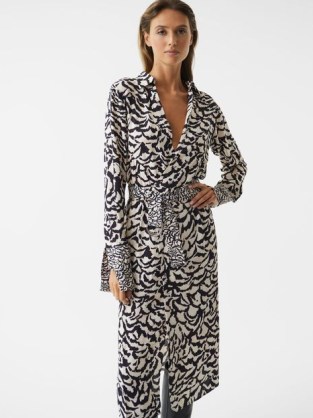 REISS EVIE MONO ANIMAL PRINT MIDI DRESS – chic collared tie waist shirt dresses – extended split cuffs – clothes with a look of glamour - flipped