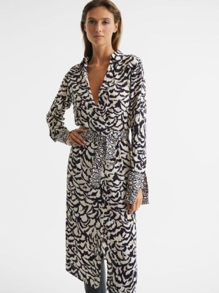 REISS EVIE MONO ANIMAL PRINT MIDI DRESS – chic collared tie waist shirt dresses – extended split cuffs – clothes with a look of glamour