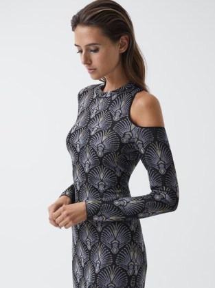 Reiss ANJA METALLIC JACQUARD KNITTED MIDI DRESS BLUE | chic fitted party dresses | one cut out shoulder detail | glamorous evening occasion clothes - flipped