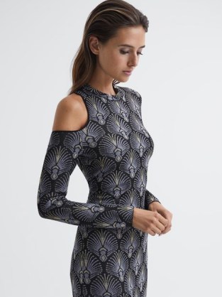 Reiss ANJA METALLIC JACQUARD KNITTED MIDI DRESS BLUE | chic fitted party dresses | one cut out shoulder detail | glamorous evening occasion clothes