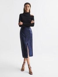 Reiss DAKOTA SEQUIN PENCIL SKIRT BLUE | glamorous sequinned front slit skirts | evening glamour | glittering occasion fashion | embellished party clothes