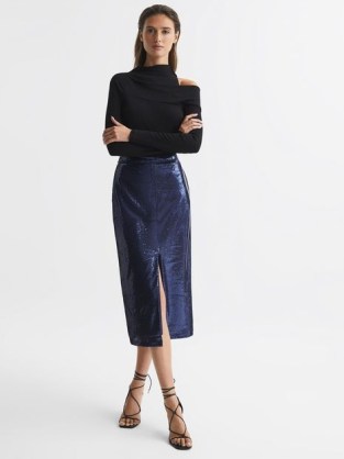 Reiss DAKOTA SEQUIN PENCIL SKIRT BLUE | glamorous sequinned front slit skirts | evening glamour | glittering occasion fashion | embellished party clothes