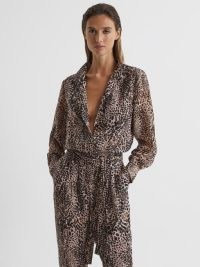 Reiss LEONA ANIMAL PRINT JUMPSUIT BROWN ~ glamorous evening jumpsuits ~ back keyhole cut out detail ~ tie waist ~ party glamour